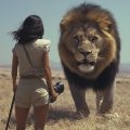 Angeline-Aurore confronts the giant lion on the Alkebulan plain